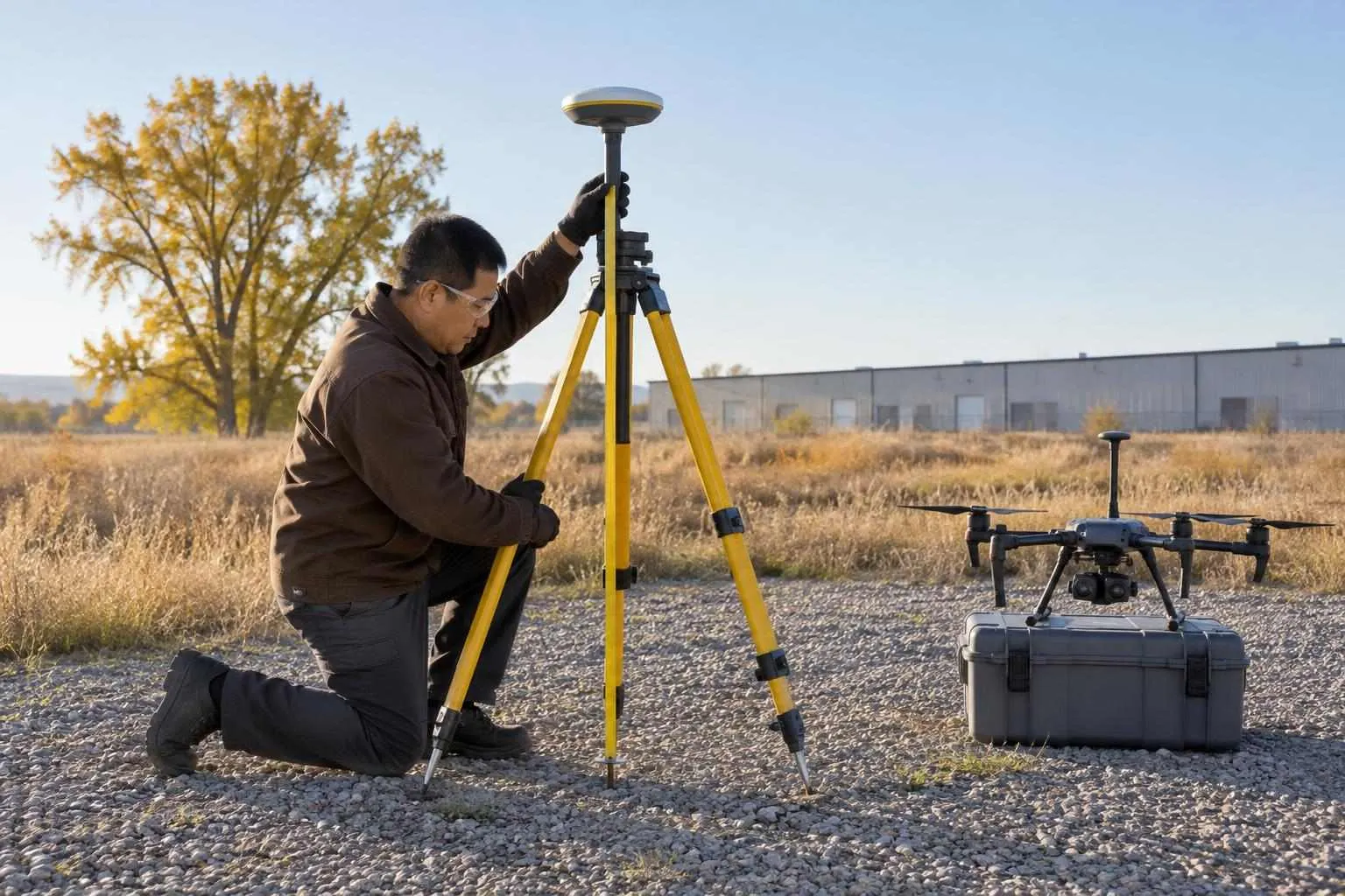Pilot kneeling on gravel measures antenna height on a tripod-mounted RTK base station beside a landed inspection drone.