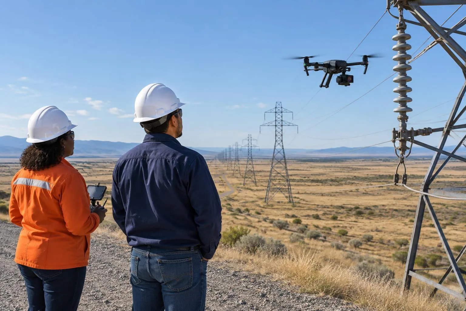 Two utility drone inspectors monitor a thermal inspection flight beside transmission towers descending into a dry valley.