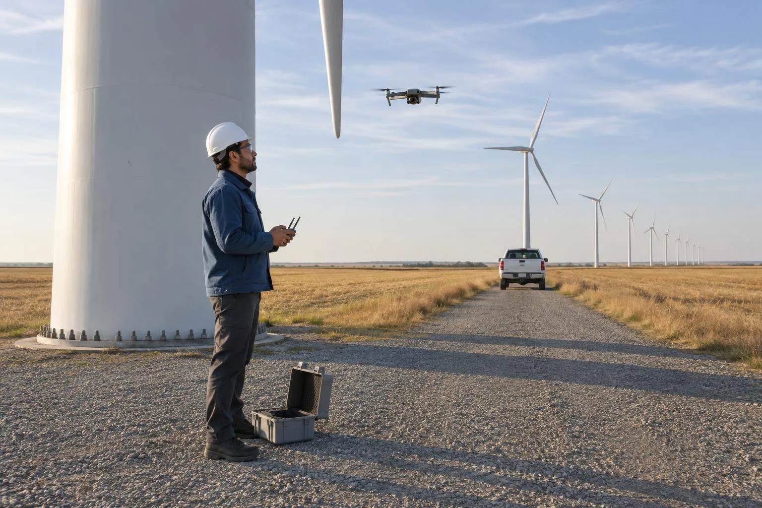 Drone pilot on a gravel pad at a wind turbine base flies an inspection drone beside the tower as turbines recede across plains.