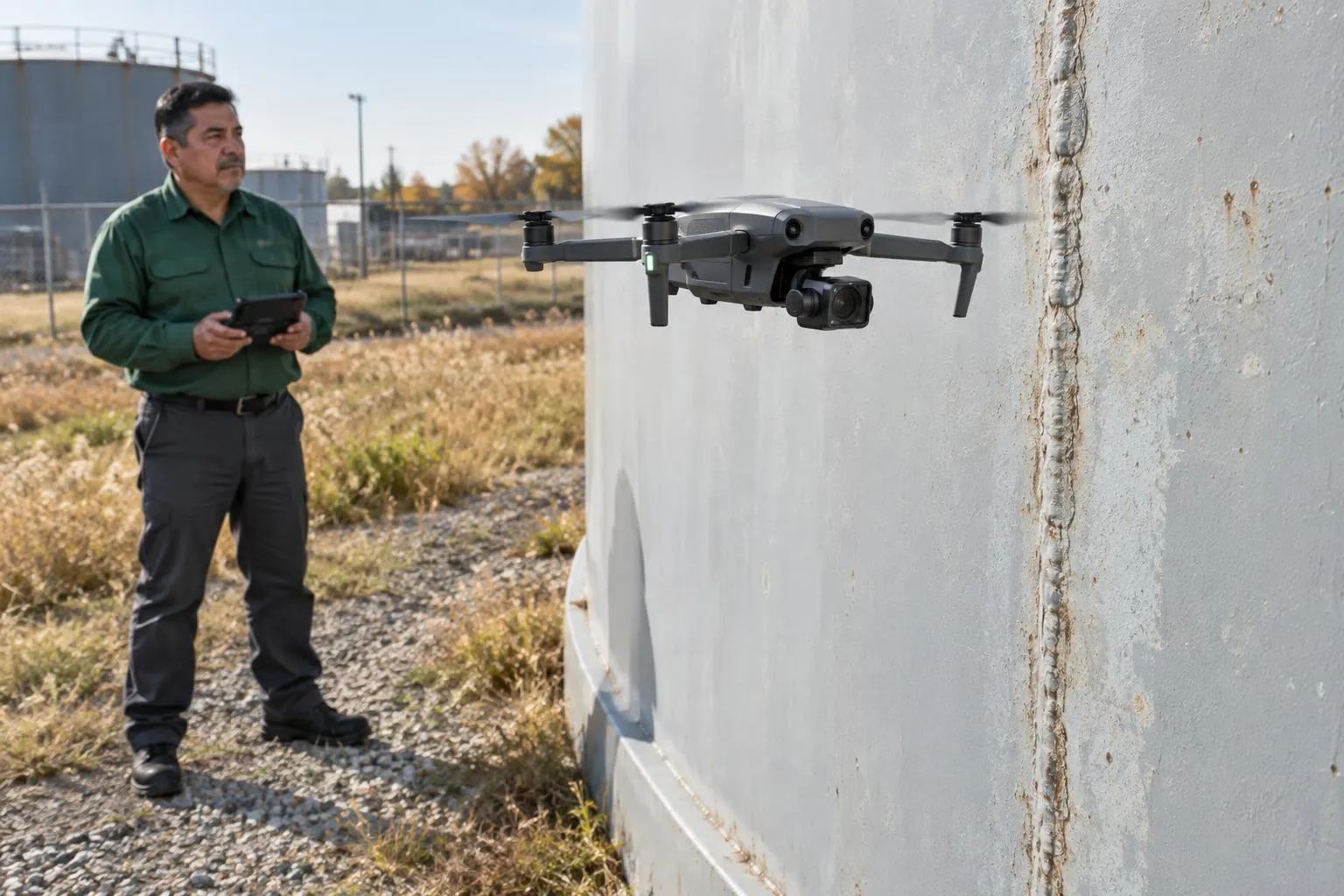 A camera drone inspects a steel storage tank’s welded seam while its pilot controls the aircraft from the gravel lane.