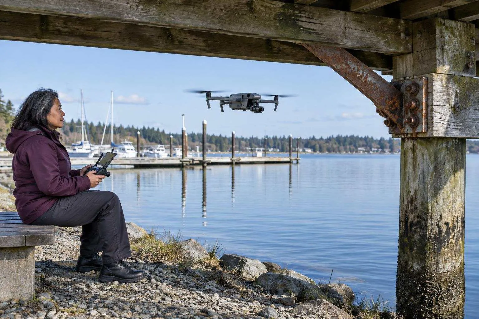 A drone inspects a timber pier’s corroded brace connection above water while its pilot operates from the bank.